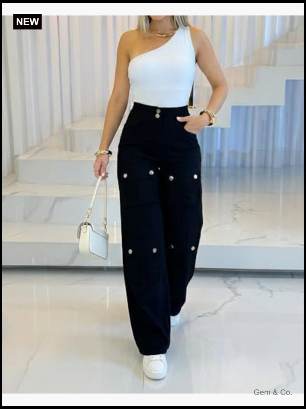High Waist Cargo Pants with Zipper Fly Flap Pockets Wide Leg Baggy - Picture 5 of 7